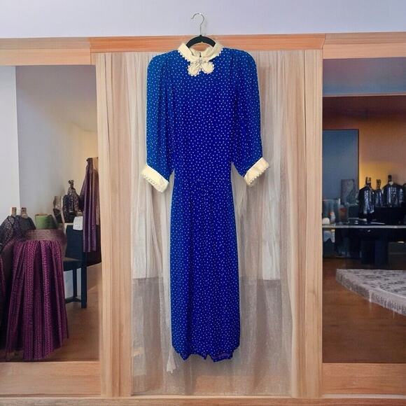 Vintage Blue Dress Polka Dots Peter Pan Collar Whimsical Rare Find - Picture 8 of 16